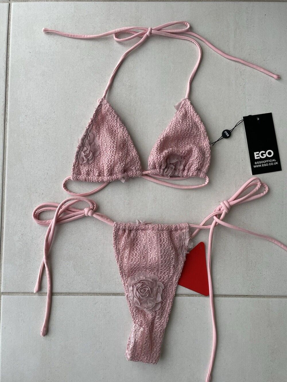 EGO Swim String Bikini Swimsuit Textured Floral Lined